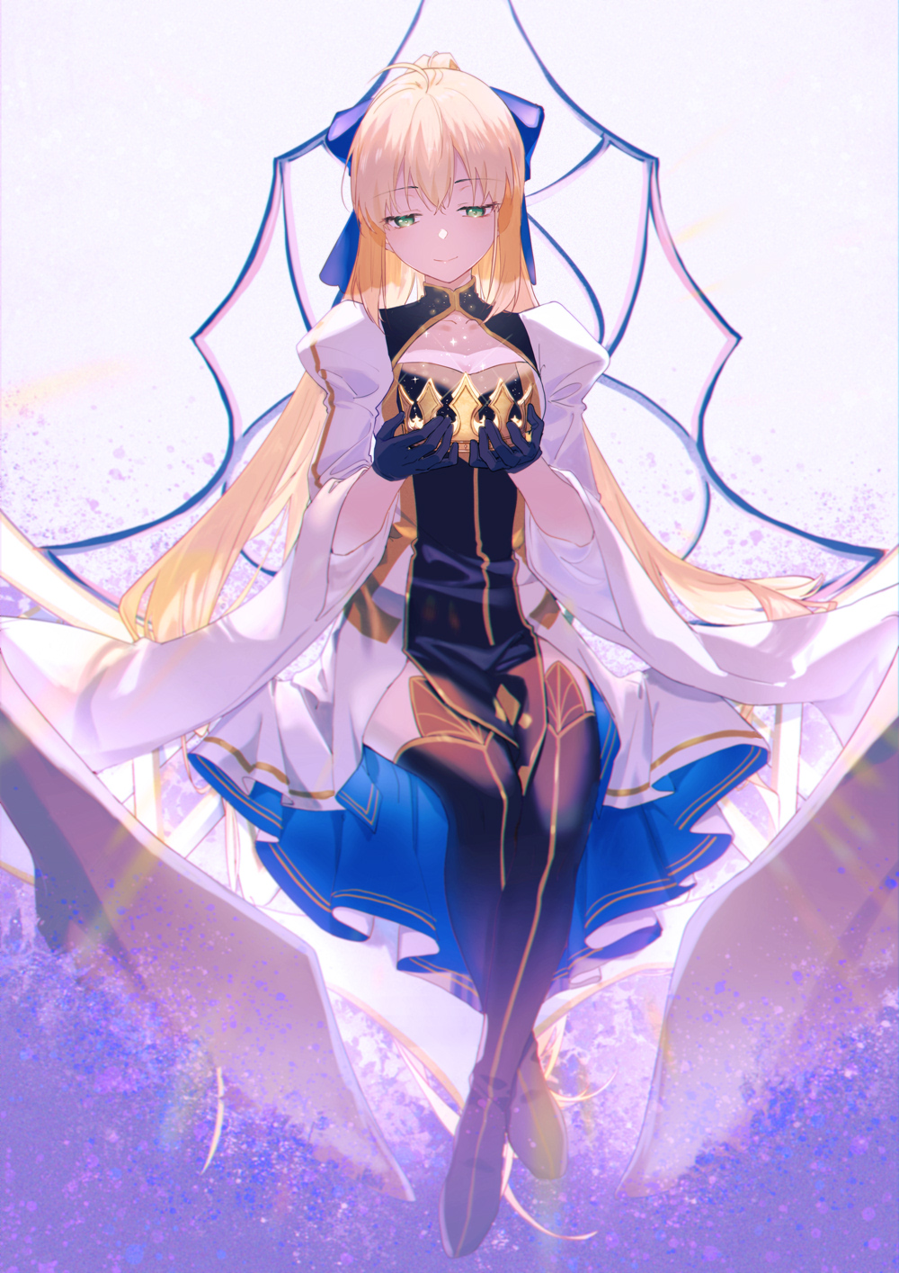 1girl ahoge artoria_caster_(fate) artoria_caster_(third_ascension)_(fate) artoria_pendragon_(fate) black_dress black_footwear black_gloves blonde_hair blue_bow boots bow breasts cleavage_cutout closed_mouth clothing_cutout crown dress fate/grand_order fate_(series) full_body gloves gold_trim green_eyes hair_between_eyes hair_bow hands_up highres holding holding_crown long_hair long_sleeves looking_down medium_breasts multicolored_clothes multicolored_dress pelvic_curtain puffy_long_sleeves puffy_sleeves sitting smile solo thigh_boots very_long_hair white_dress wide_sleeves xuehua