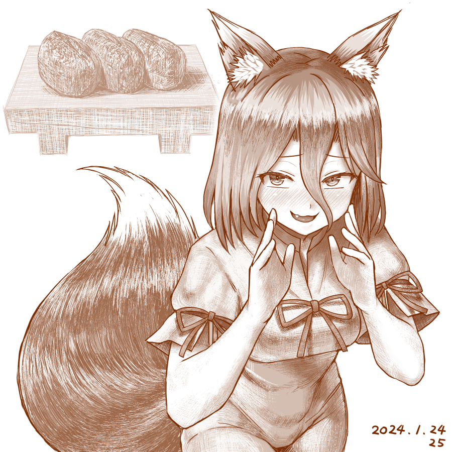 1girl animal_ears blush commentary_request dated fang food fox_ears fox_girl fox_tail greyscale hair_between_eyes inarizushi jumpsuit kudamaki_tsukasa looking_at_viewer monochrome nokimenayu open_mouth short_sleeves smile solo sushi tail touhou