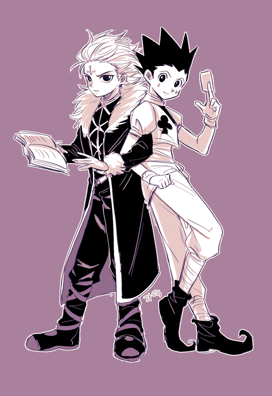 2boys between_fingers book card chrollo_lucilfer chrollo_lucilfer_(cosplay) closed_mouth coat cosplay cropped_jacket cross cross-laced_clothes earrings facial_mark forehead_mark full_body fur-trimmed_coat fur-trimmed_sleeves fur_trim gon_freecss hair_slicked_back hand_up hashtag_only_commentary highres hisoka_morow hisoka_morow_(cosplay) holding holding_book holding_card hunter_x_hunter jacket jewelry killua_zoldyck locked_arms long_sleeves looking_at_viewer male_focus multiple_boys open_book outline pointy_footwear print_jacket puffy_short_sleeves puffy_sleeves purple_background purple_theme seuyugye short_hair short_sleeves simple_background smile spiky_hair standing star_(symbol) star_facial_mark teardrop_facial_mark widow's_peak wrist_cuffs