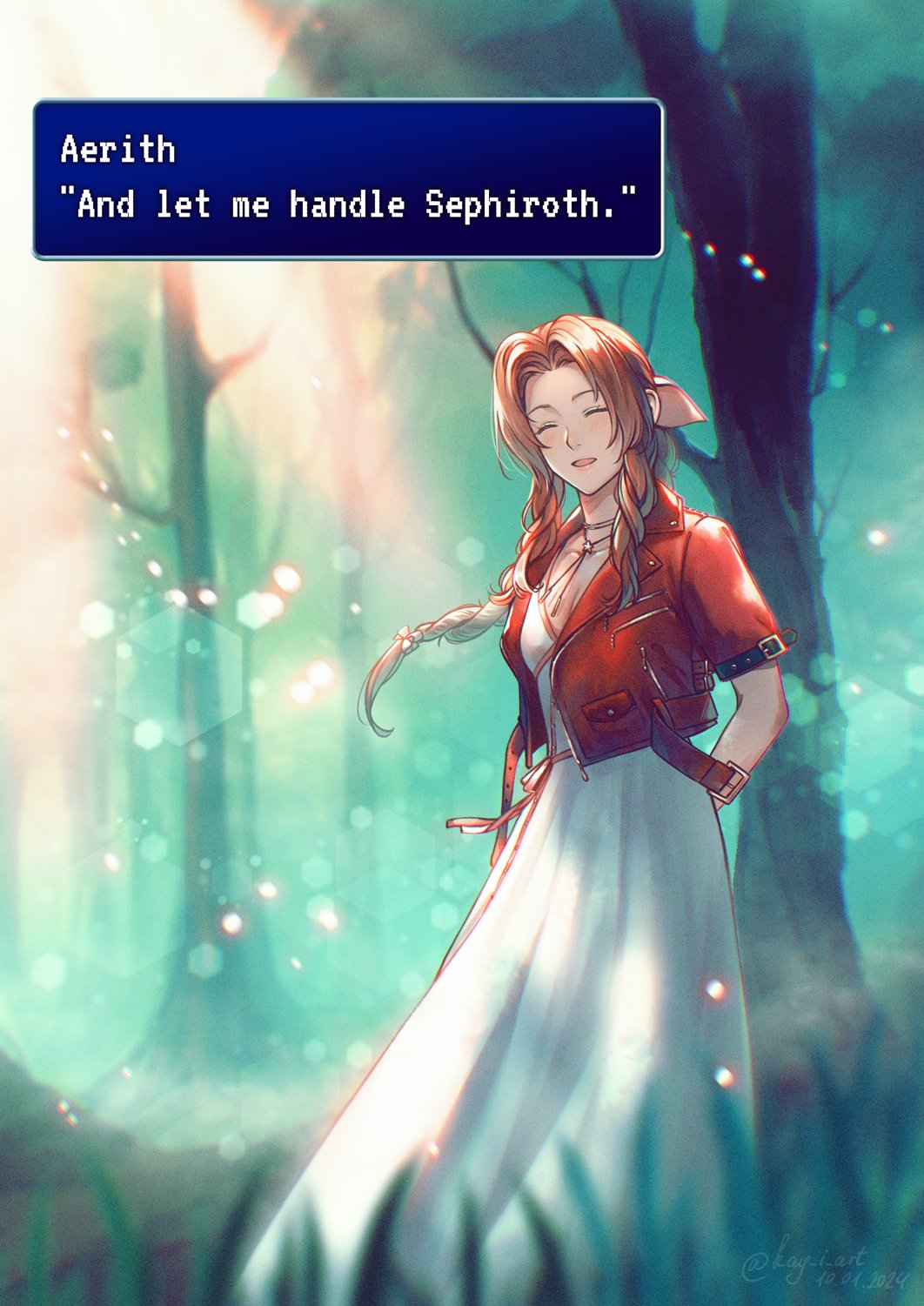 1girl aerith_gainsborough arms_behind_back blurry blurry_foreground braid braided_ponytail breasts brown_hair choker closed_eyes cowboy_shot cropped_jacket dated dialogue_box dress english_text final_fantasy final_fantasy_vii final_fantasy_vii_rebirth flower_choker forest hair_ribbon highres jacket kay-i long_dress long_hair medium_breasts nature outdoors parted_bangs parted_lips pink_dress pink_ribbon red_jacket ribbon sephiroth short_sleeves sidelocks single_braid smile solo tree twitter_username wavy_hair