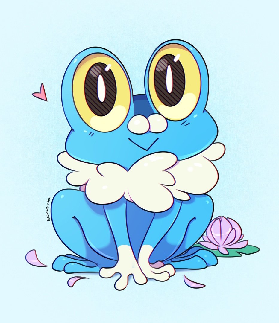 bloominglynx blue_background colored_sclera flower froakie frog full_body looking_at_viewer no_humans pink_flower pink_petals pokemon pokemon_(creature) simple_background solo yellow_sclera