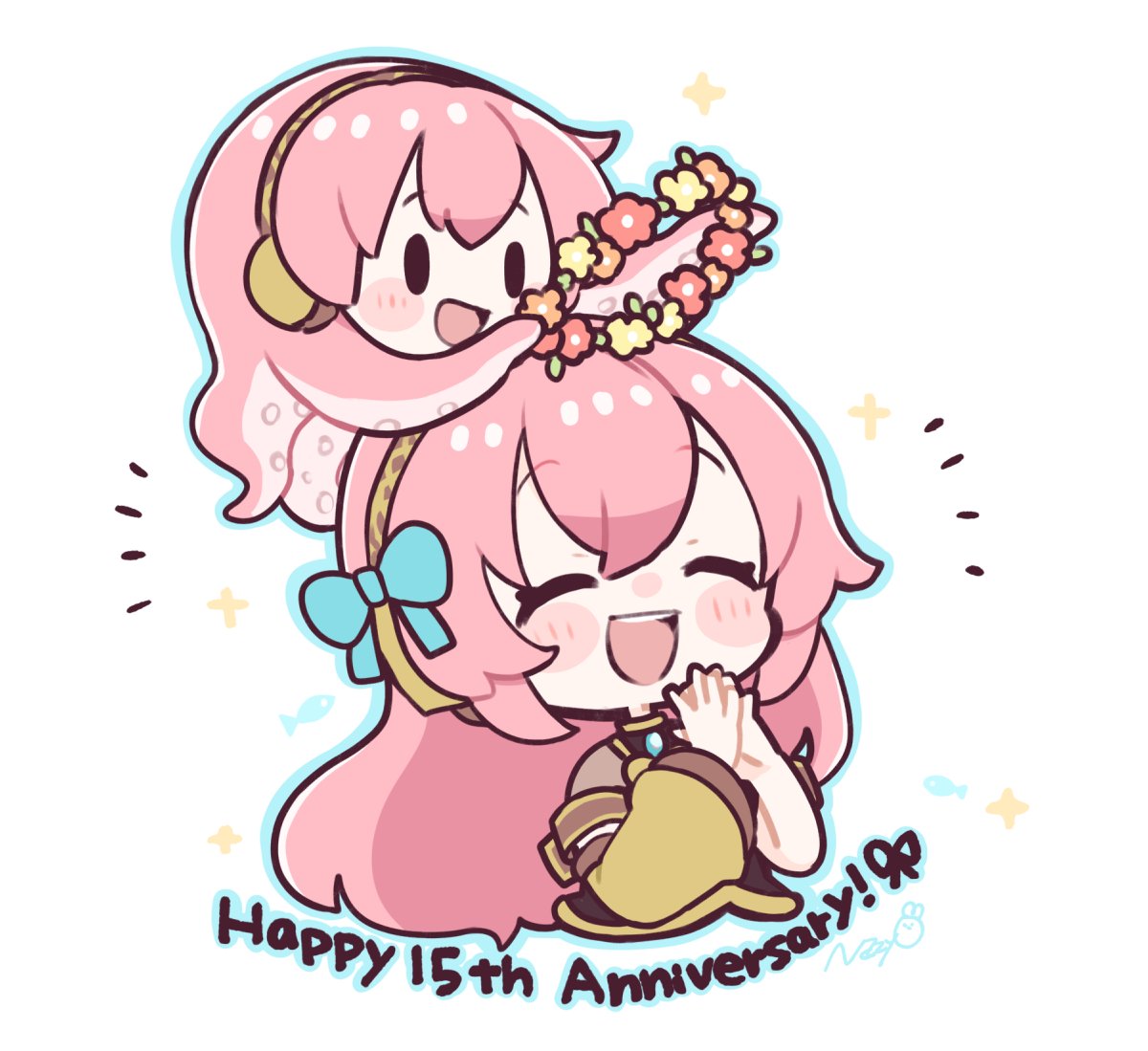 anniversary artist_name black_shirt blue_bow blue_outline blush_stickers bow closed_eyes crypton_future_media detached_sleeves fish hair_between_eyes hair_bow happy_anniversary head_wreath headphones long_hair looking_at_object megurine_luka mob_face najo octopus open_mouth outline own_hands_together pink_hair shirt signature simple_background smile sparkle takoluka very_long_hair vocaloid white_background yellow_sleeves