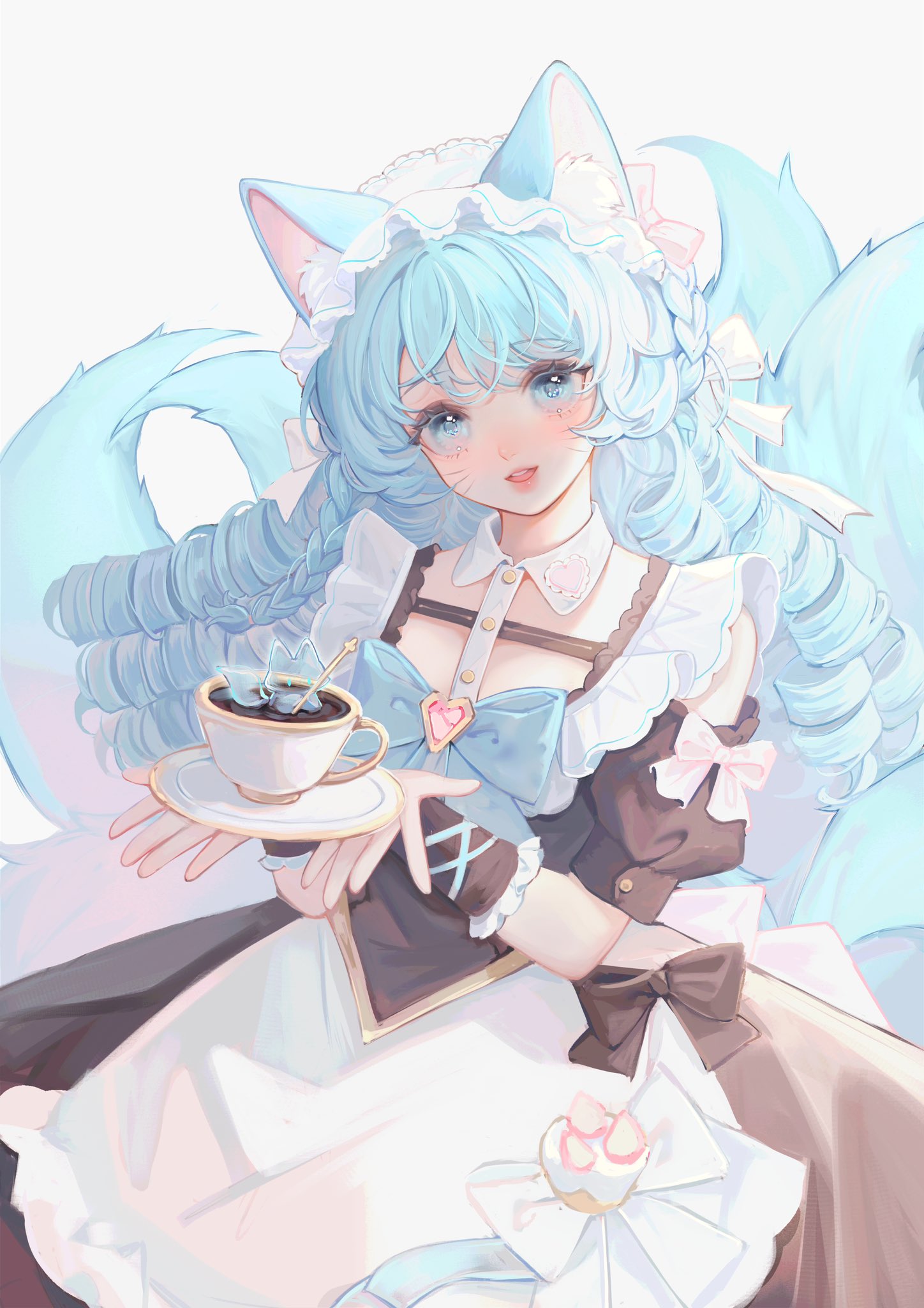 ahri_(league_of_legends) animal_ears blue_hair bow cafe_cuties_(league_of_legends) food frills hair_bow highres league_of_legends looking_at_viewer maid meowlian pastel_colors tail white_background