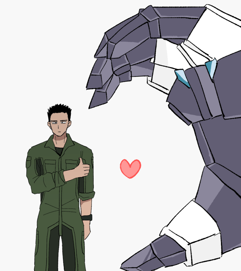 2boys ao_isami black_hair bravern closed_mouth half-heart_hands heart heart_hands_failure looking_at_viewer multiple_boys out_of_frame pilot_suit simple_background size_difference smdq_1114s standing thumbs_up watch watch white_background yuuki_bakuhatsu_bang_bravern