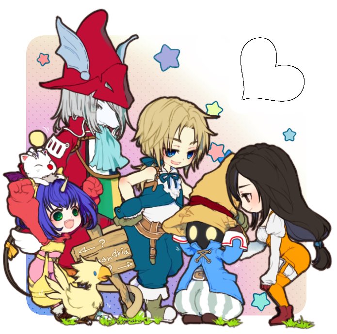 2boys 3girls aqua_pants aqua_ribbon aqua_vest ascot baggy_pants bare_shoulders belt bird black_mage blonde_hair blue_ascot blue_coat blue_hair blush bodysuit boots bow breasts brown_hair burmecian chibi chocobo clenched_hands closed_mouth coat colored_skin creature cropped_vest eiko_carol final_fantasy final_fantasy_ix freija_crescent frilled_shirt_collar frills garnet_til_alexandros_xvii gloves glowing glowing_eyes grey_hair hair_bow hair_over_one_eye hair_ribbon hat helmet holding holding_clothes holding_hat horns kh_524 long_hair low-tied_long_hair medium_breasts mini_wings moogle mouse_girl mouse_tail multiple_boys multiple_girls neck_ribbon open_mouth orange_bodysuit pants parted_bangs pink_bodysuit red_coat red_footwear red_gloves red_headwear red_sweater ribbon shirt short_hair_with_long_locks signpost single_horn sleeveless sleeveless_shirt smile striped_clothes striped_pants sweater swept_bangs tail tail_ornament tail_ribbon thigh_strap vest vivi_ornitier white_shirt white_skin winged_helmet wings wizard_hat wrist_cuffs yellow_bow yellow_overalls zidane_tribal