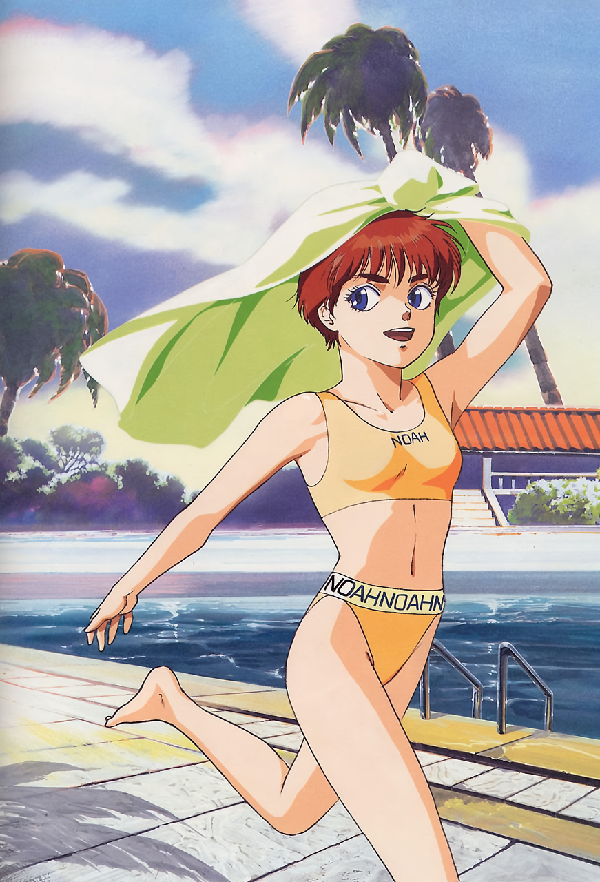 1980s_(style) arm_up barefoot bikini blue_eyes breasts bush clothes_writing clouds cloudy_sky day happy highres izumi_noa kidou_keisatsu_patlabor navel non-web_source official_art open_mouth orange_hair outdoors palm_tree pavement pool pool_ladder poolside retro_artstyle running shadow short_hair sky small_breasts smile swimsuit thick_eyebrows tiles towel towel_on_head tree yellow_bikini