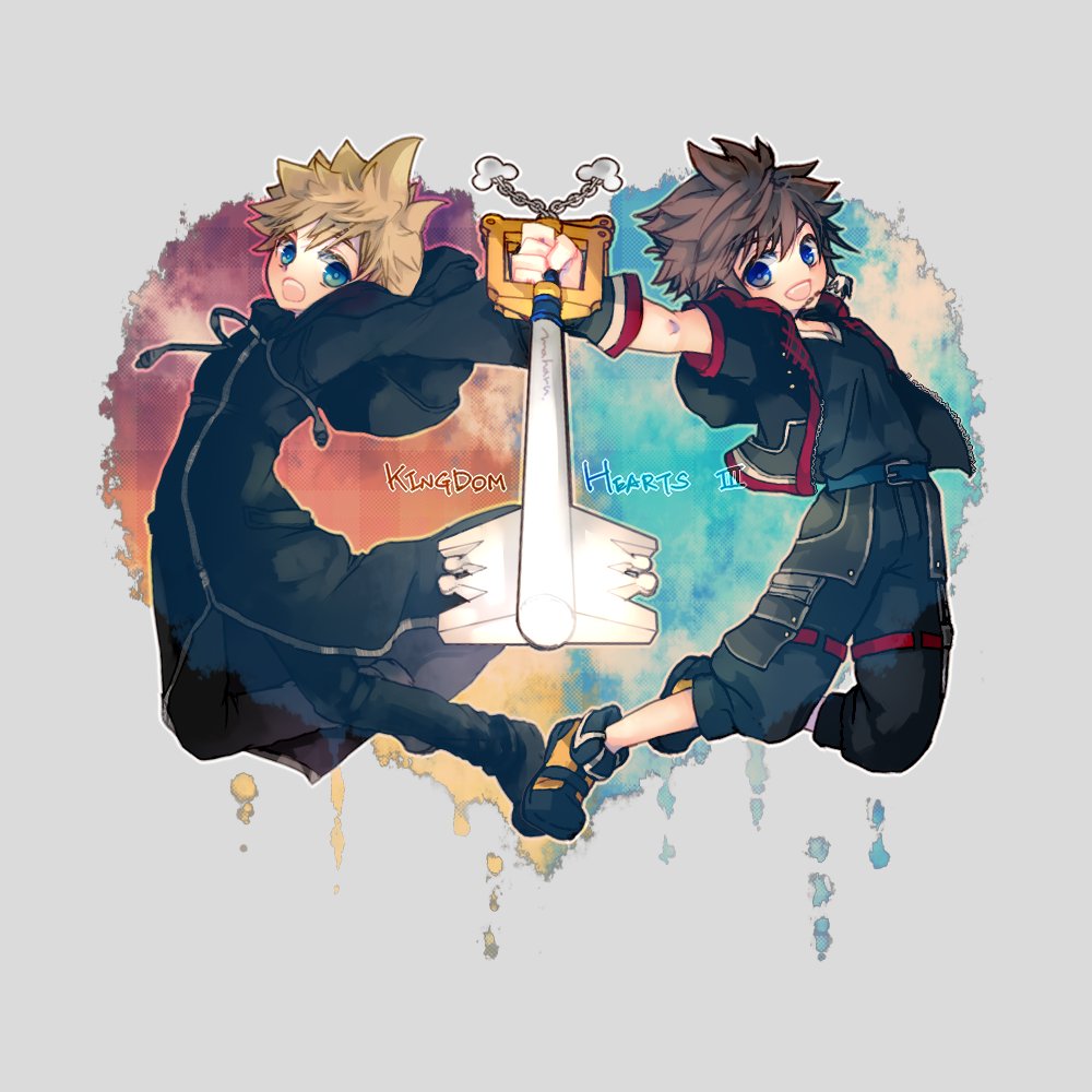 2boys black_jacket black_pants black_robe black_shirt blonde_hair blue_eyes boots brown_hair chain_necklace full_body hair_between_eyes holding holding_weapon hood hood_down hooded_robe jacket jewelry keyblade kh_524 kingdom_hearts kingdom_hearts_iii long_sleeves male_focus multiple_boys necklace open_mouth pants pants_rolled_up robe roxas shirt short_hair short_sleeves smile sora_(kingdom_hearts) spiky_hair weapon