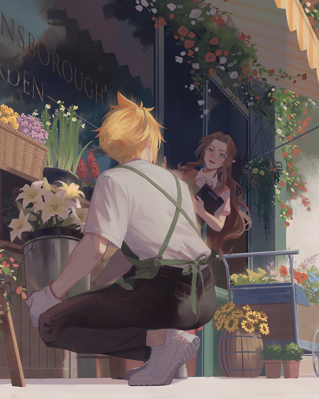 1boy 1girl aerith_gainsborough alternate_costume alternate_universe apron barrel black_pants blonde_hair blue_flower brown_hair bucket choker clipboard cloud_strife collared_shirt final_fantasy final_fantasy_vii final_fantasy_vii_remake florist flower flower_choker flower_shop full_body garden gloves green_apron green_eyes hair_ribbon highres ho_fan holding holding_bucket holding_clipboard lily_(flower) long_hair looking_at_another pants parted_bangs parted_lips pink_ribbon pink_sweater_vest ponytail purple_flower red_flower ribbon shirt shoes shop short_hair short_sleeves sidelocks smile sneakers spiky_hair squatting sunflower sweater_vest t-shirt wagon wavy_hair white_flower white_footwear white_gloves white_shirt yellow_flower