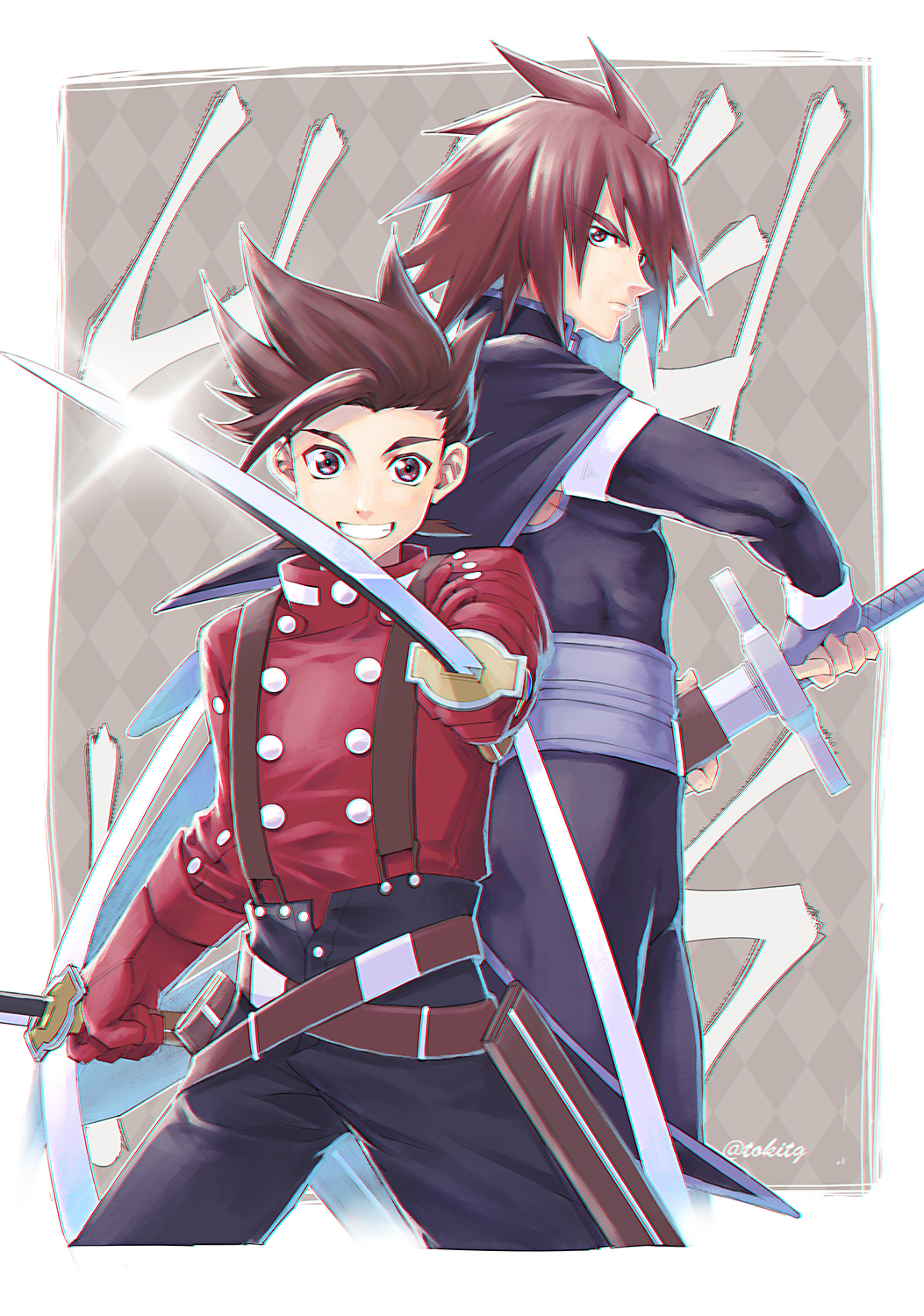 2boys brown_eyes brown_hair dual_wielding gloves grin highres holding jacket kratos_aurion lloyd_irving looking_at_viewer multiple_boys purple_clothing purple_gloves red_gloves red_jacket simple_background smile spiky_hair sword tales_of_(series) tales_of_symphonia thick_eyebrows tktg weapon wide-eyed
