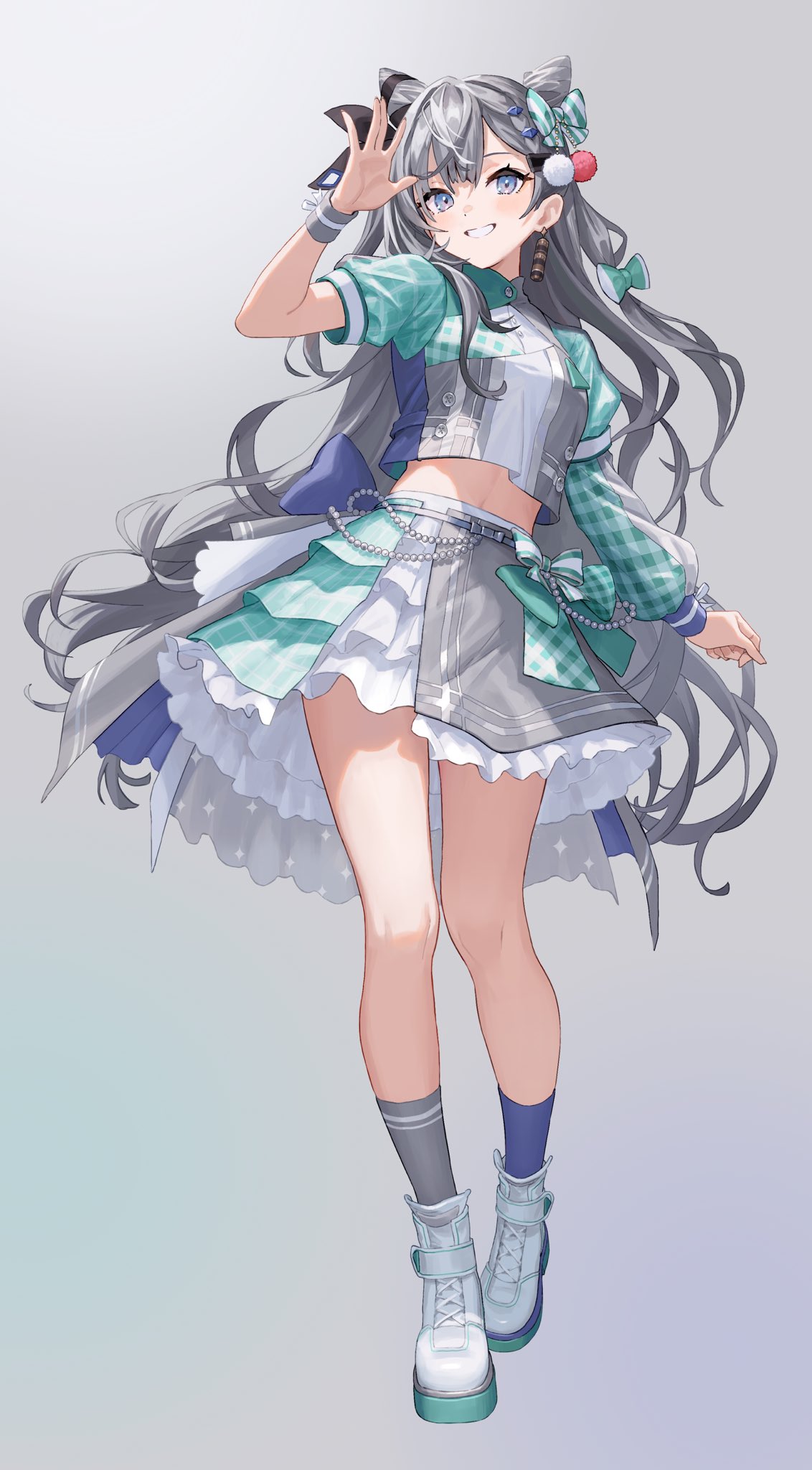 1girl blue_eyes bow breasts commentary cone_hair_bun crop_top earrings full_body grey_background grey_hair hair_bun hand_up highres hololive hololive_indonesia idol idol_clothes jewelry legs long_hair looking_at_viewer matsuo_shogo medium_breasts midriff simple_background skirt smile socks solo standing symbol-only_commentary teeth vestia_zeta virtual_youtuber white_footwear wristband