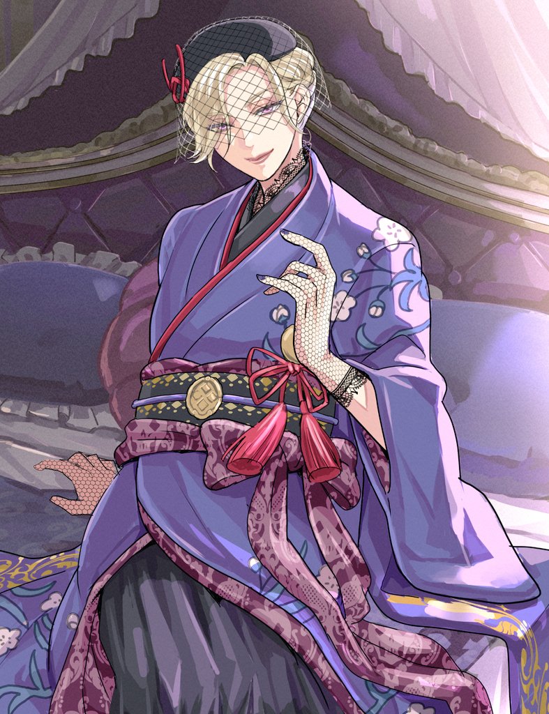 1boy bed bishounen blonde_hair dan_(toupe) fishnets gloves hat japanese_clothes kimono lace lips long_sleeves looking_at_viewer makeup male_focus obi on_bed pillow purple_kimono purple_nails sash sitting smile solo twisted_wonderland veil vil_schoenheit violet_eyes