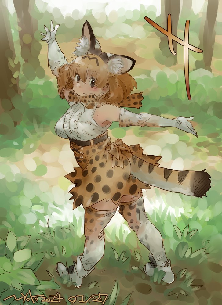 1girl animal_ears bare_shoulders blonde_hair blush boots bow bowtie brown_eyes cat_ears cat_girl cat_tail center_frills elbow_gloves extra_ears foliage frills gloves grass hair_between_eyes high-waist_skirt kemono_friends looking_at_viewer nyororiso_(muyaa) print_bow print_bowtie print_gloves print_skirt print_thighhighs serval_(kemono_friends) serval_print shirt short_hair sidelocks skirt sleeveless smile solo tail thigh-highs tree white_footwear white_shirt zettai_ryouiki