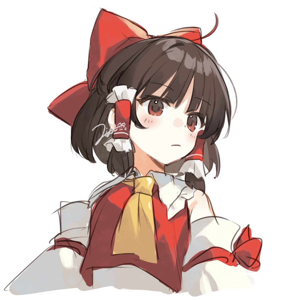 1girl :/ ascot bare_shoulders blush bow breasts brown_hair closed_mouth commentary_request cropped_torso detached_sleeves expressionless frilled_hair_tubes frilled_shirt_collar frills hair_bow hair_tubes hakurei_reimu jill_07km looking_to_the_side red_bow red_eyes red_vest short_hair signature simple_background small_breasts solo touhou upper_body vest white_background yellow_ascot