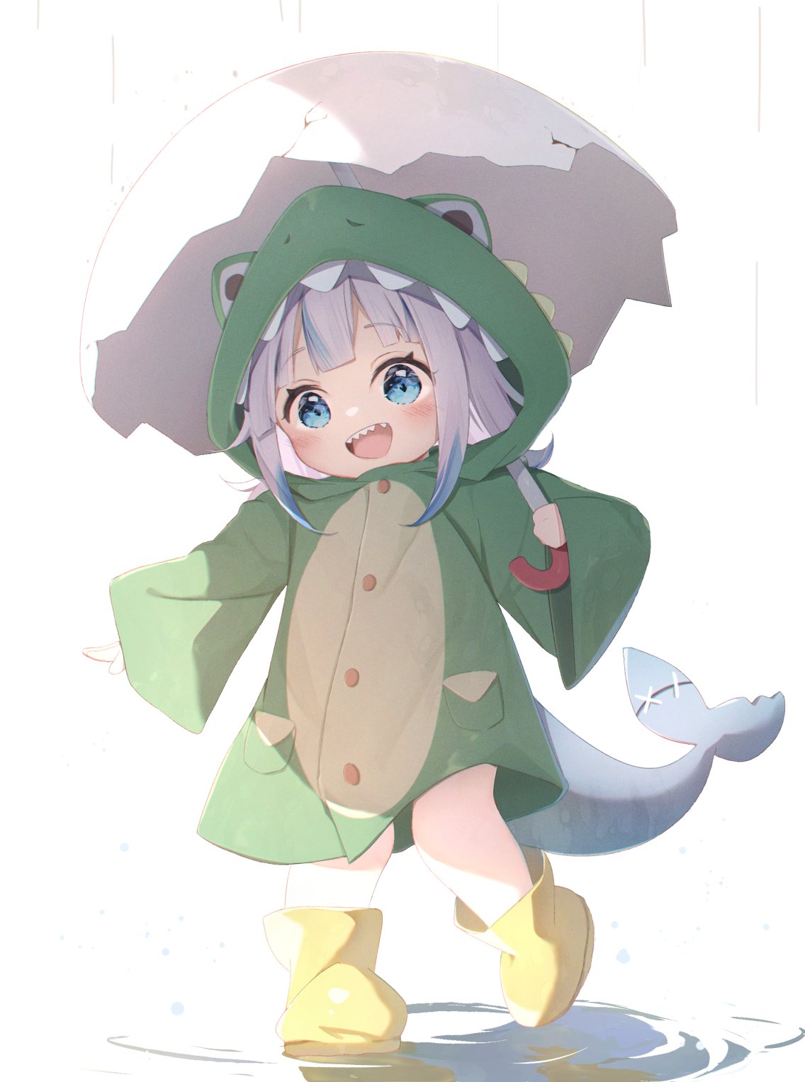 1girl blue_eyes blue_hair blush boots dinosaur_costume fins fish_tail gawr_gura grey_hair highres holding holding_umbrella hololive hololive_english looking_at_viewer medium_hair multicolored_hair open_mouth rubber_boots seboneko shark_girl shark_tail sharp_teeth smile solo streaked_hair tail teeth umbrella upper_teeth_only virtual_youtuber yellow_footwear