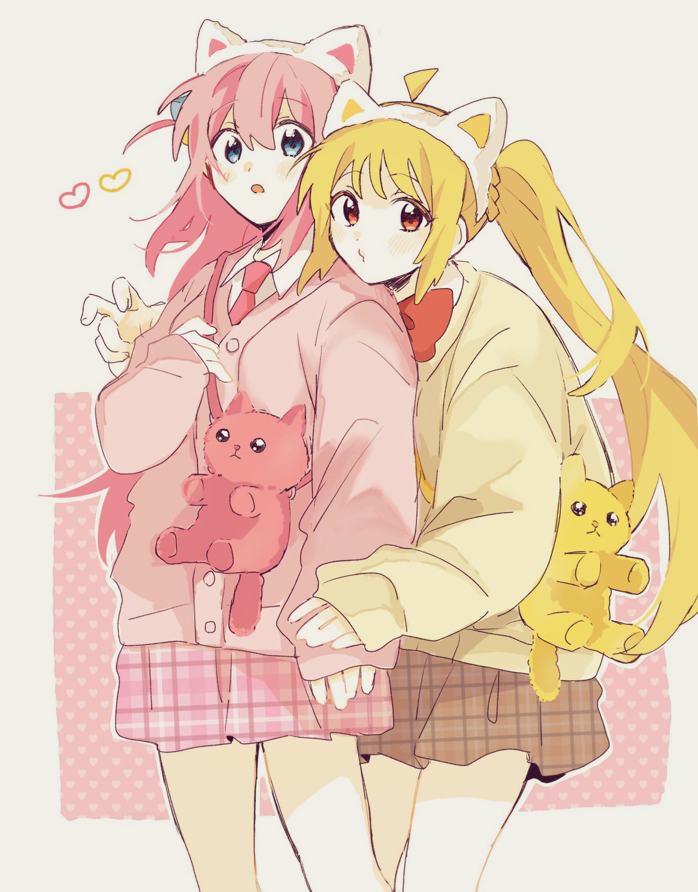 2girls ahoge animal_ear_hairband animal_ears blonde_hair blue_eyes bocchi_the_rock! bow bowtie brown_skirt cardigan cat_ear_hairband cat_ears checkered_clothes checkered_skirt commentary_request cube_hair_ornament fake_animal_ears fuji_1221 gotoh_hitori hair_ornament hairband head_on_another's_shoulder heart highres holding_another's_arm ijichi_nijika light_blush long_hair looking_at_viewer multiple_girls necktie patterned_background pink_cardigan pink_hair pink_skirt ponytail puckered_lips red_bow red_bowtie red_eyes red_necktie shirt side_ponytail sidelocks skirt stuffed_animal stuffed_cat stuffed_toy v white_background white_cardigan white_shirt