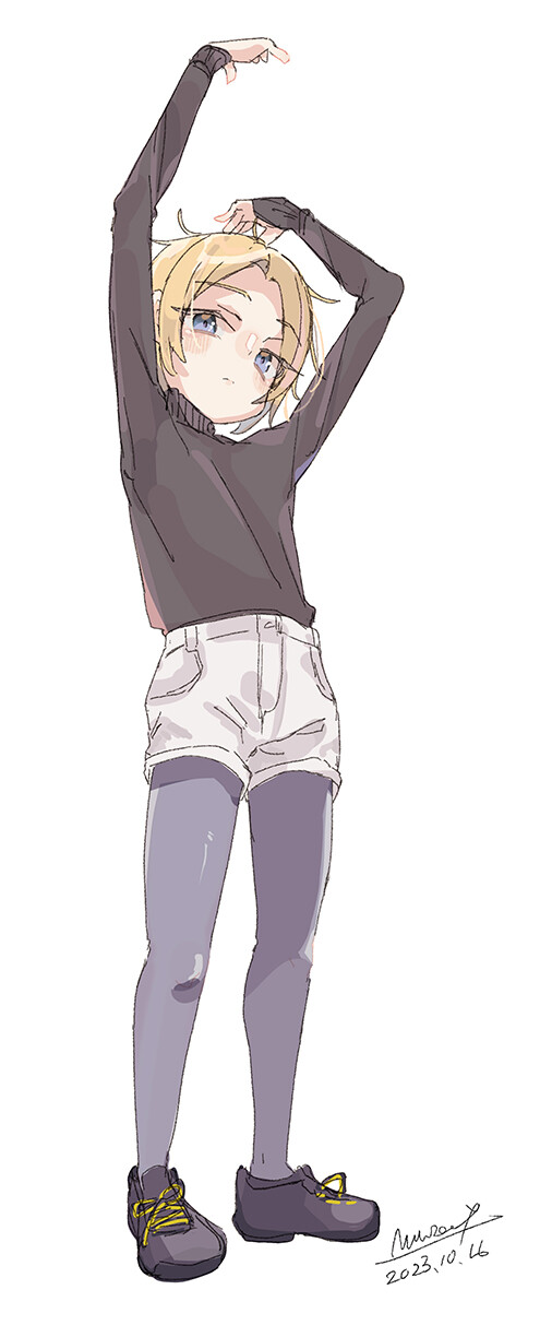 1girl arms_up black_footwear black_sweater blonde_hair blue_eyes blush dated full_body grey_pantyhose highres long_sleeves looking_at_viewer maze_(gochama_ze_gohan) original pantyhose pantyhose_under_shorts shoes short_hair shorts signature simple_background solo standing sweater white_background white_shorts