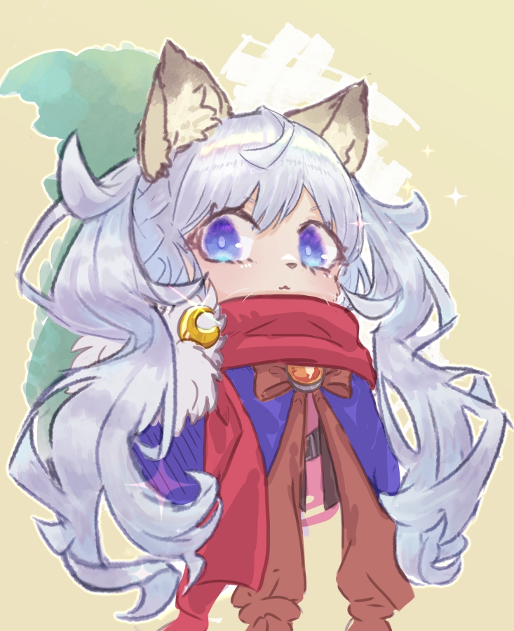 1girl animal_ears blue_eyes blush bow bowtie brown_bow brown_bowtie capelet cat_ears cat_girl closed_mouth commentary_request crescent crescent_pin cropped_torso furry furry_female grey_hair long_hair looking_at_viewer medium_bangs orange_brooch pi_(pyaaaro) purple_capelet ragnarok_online smile solo summoner_(ragnarok_online) upper_body yellow_background