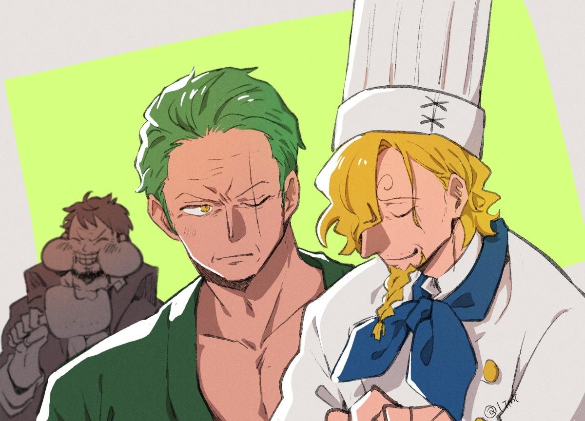 3boys aged_up artist_name artist_request ascot beard black_hair blonde_hair blue_ascot boned_meat braid braided_beard chef chef_hat clenched_teeth closed_eyes curly_eyebrows eating facial_hair food green_hair hair_over_one_eye hat holding holding_food male_focus meat monkey_d._luffy multiple_boys one_eye_closed one_eye_covered one_piece roronoa_zoro sanji_(one_piece) scar scar_across_eye scar_on_face short_hair smile teeth third-party_source uniform yellow_eyes