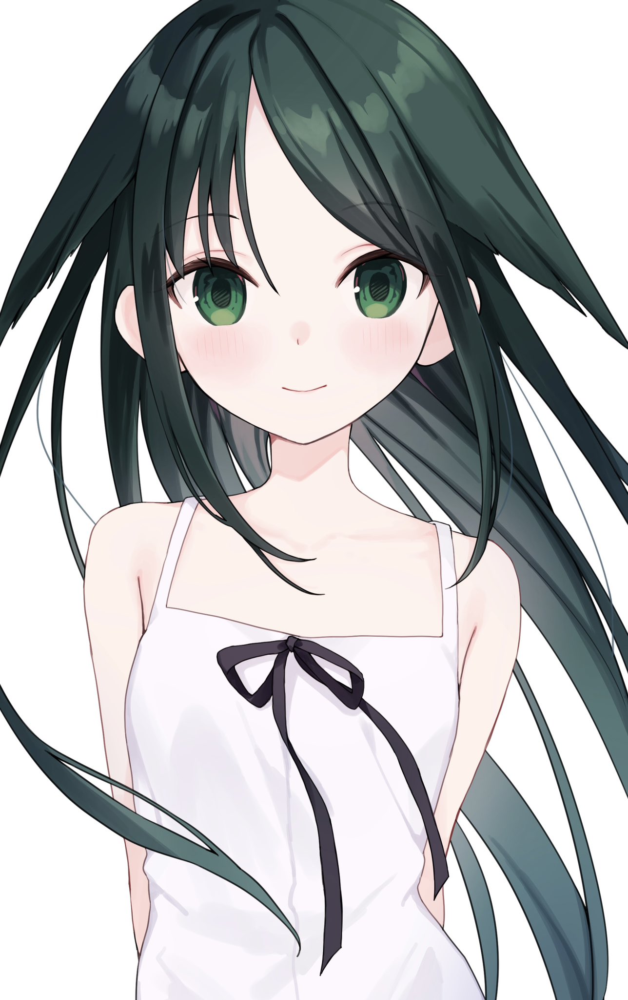 1girl arms_behind_back bare_shoulders black_ribbon blush camisole closed_mouth collarbone dress green_eyes green_hair highres kashuu_(pixiv_66328082) light_blush light_smile long_hair looking_at_viewer pale_skin ribbon saya_(saya_no_uta) saya_no_uta simple_background sleeveless sleeveless_dress smile solo upper_body very_long_hair white_background white_dress