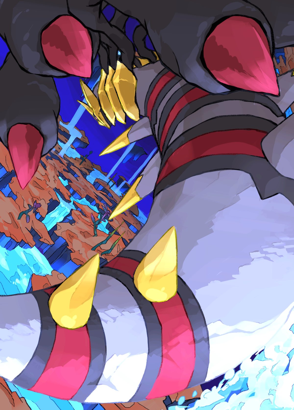 aomon_(yuuji7604) black_wings blue_sky commentary flying giratina giratina_(origin) highres multiple_wings no_humans pokemon pokemon_(creature) sky spikes tail water waterfall wings