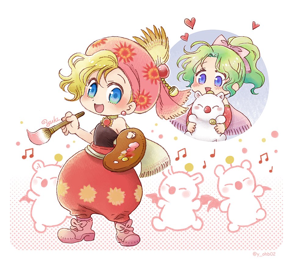 2girls baggy_pants bare_shoulders black_shirt blonde_hair blue_eyes blush bow chibi creature earrings final_fantasy final_fantasy_vi full_body grey_hair hachidori hair_bow harem_pants head_scarf heart holding holding_paintbrush holding_palette jewelry long_hair moogle multiple_girls musical_note open_mouth paintbrush palette_(object) pants pink_bow pink_footwear pink_headwear red_pants relm_arrowny shirt smile terra_branford twitter_username wavy_hair