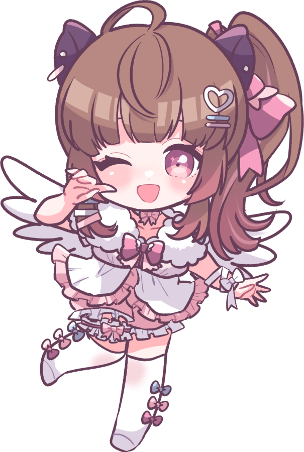1girl :d blue_bow blush bow bow_legwear brown_hair capybara_ears chibi commentary_request frilled_shirt frilled_skirt frills full_body hair_ornament hairclip heart heart_hair_ornament kino_haruc long_hair looking_at_viewer medium_bangs nanashi_inc. one_eye_closed one_side_up open_mouth pink_bow pink_eyes pink_skirt shirt simple_background skirt smile solo thigh-highs transparent_background virtual_youtuber white_bow white_shirt white_thighhighs wrist_bow yunohara_izumi