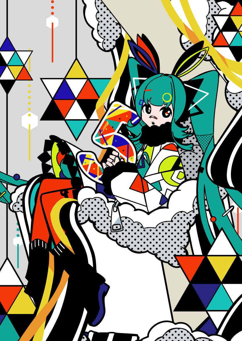 1girl 5_(number) alternate_costume animal_ears aqua_hair bandaid bandaid_on_face bandaid_on_nose black_footwear boots clouds colorful commentary_request fake_animal_ears from_side full_body fur-trimmed_jacket fur_trim hair_ornament halftone hatsune_miku holding jacket long_hair long_sleeves looking_at_viewer looking_to_the_side machigami_yoh open_mouth pantyhose rabbit_ears red_pantyhose sitting sitting_on_cloud skirt solo star_(symbol) twintails very_long_hair vocaloid zipper_pull_tab