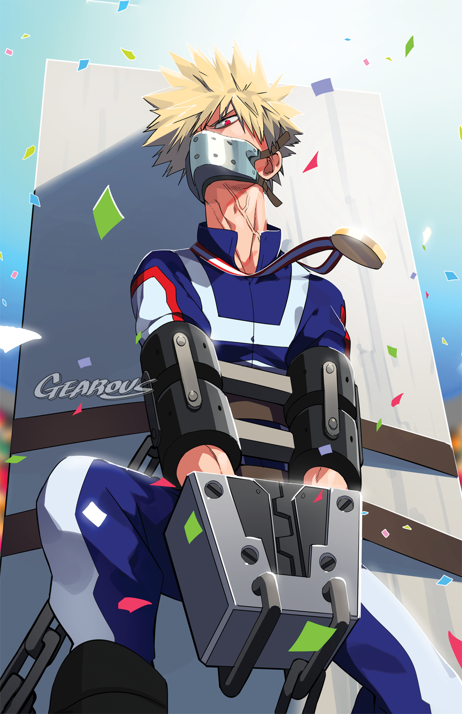 1boy against_pillar against_wall angry artist_name bakugou_katsuki blonde_hair blue_track_suit blurry blurry_background boku_no_hero_academia bound bound_arms bound_wrists chain chained commentary confetti covered_face covered_mouth cowboy_shot day floating_neckwear gearous high_collar highres immobilization jacket jewelry knee_up light long_neck looking_at_viewer male_focus mask medal mouth_mask multiple_boys object_request outdoors pants pendant red_eyes restrained sanpaku short_hair sidelighting solo spiky_hair spoilers stationary_restraints strap sunlight track_jacket track_pants track_suit turning_head u.a._gym_uniform v_arms veins