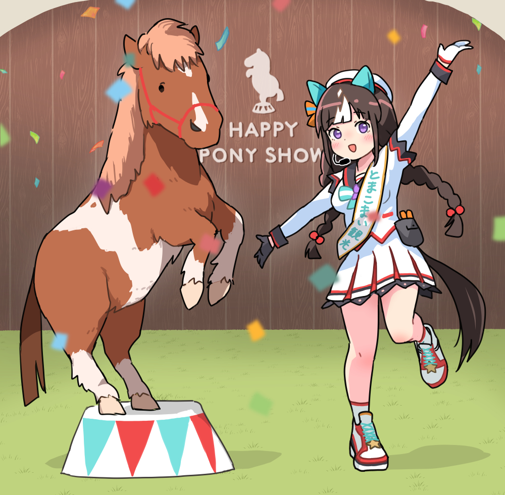1girl animal_ears asymmetrical_gloves black_gloves blush_stickers bow bowtie braid breasts brown_hair confetti ear_covers gloves headset hokko_tarumae_(umamusume) horse_ears horse_girl horse_tail jacket long_hair long_sleeves looking_at_viewer microphone mismatched_gloves northern_horse_park ooishi_oil open_mouth outstretched_arms real_world_location revision sailor_collar sash shadow shoes shoulder_sash skirt small_breasts smile sneakers socks solo spread_arms standing standing_on_one_leg tail twin_braids umamusume white_gloves white_jacket white_skirt white_socks