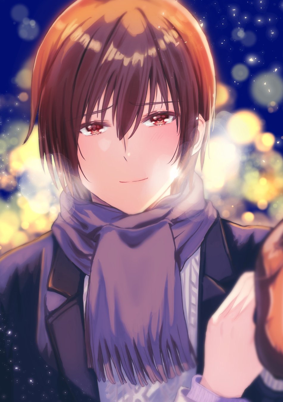 1boy 1girl a-chan_senpai alternate_costume backlighting black_jacket blurry blush breath brown_eyes brown_hair closed_mouth commentary depth_of_field female_pov hair_between_eyes hetero highres jacket light_particles little_busters! looking_at_viewer male_focus miiizuno_lbs natsume_kyousuke night open_clothes open_jacket outdoors pov pov_hands purple_scarf scarf short_hair smile solo_focus straight-on tsurime upper_body winter winter_clothes