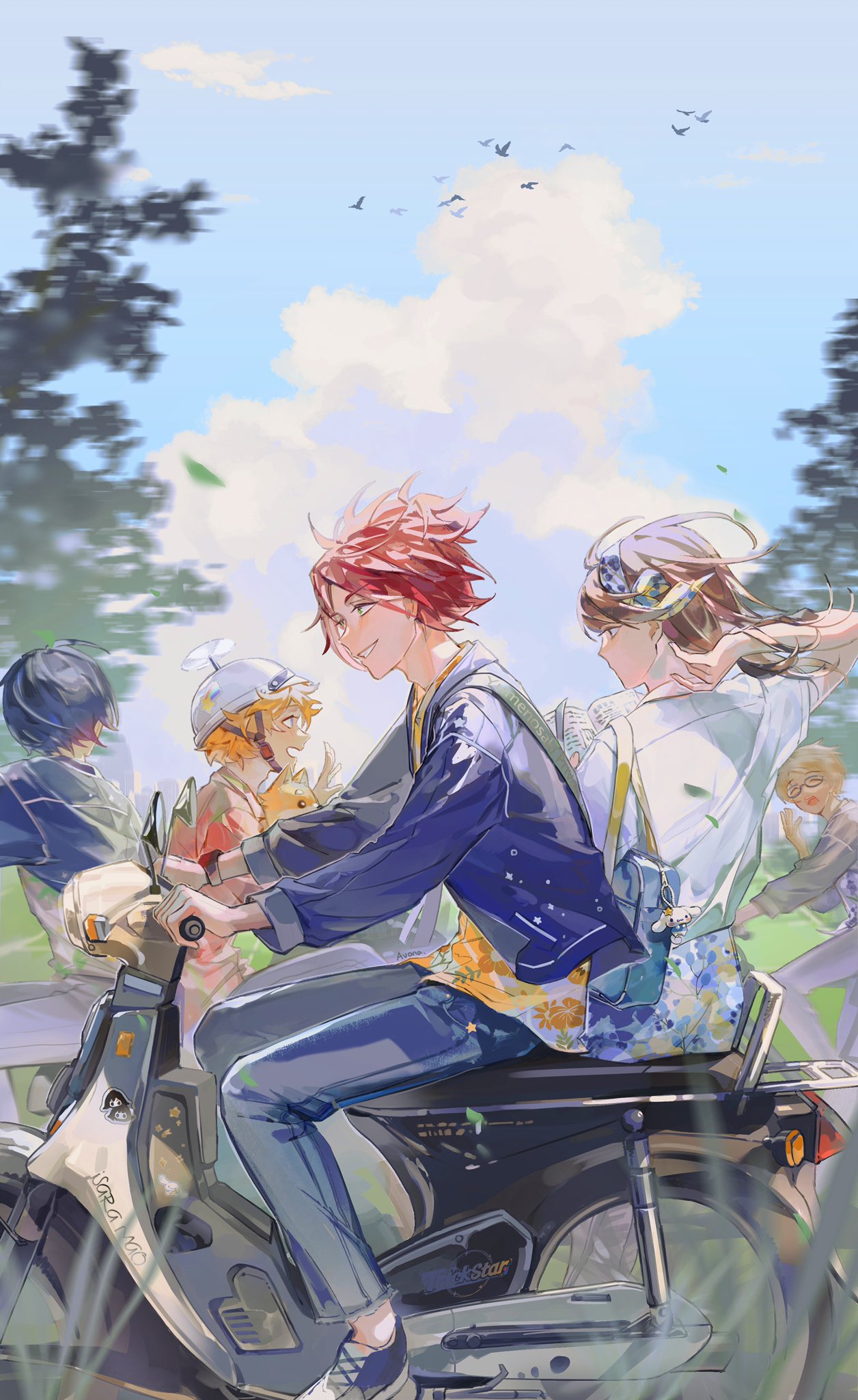 4boys akehoshi_subaru anna_(avona) arm_behind_head bag bird black-framed_eyewear black_bird blonde_hair blue_bag blue_bow blue_footwear blue_hair blue_jacket blue_pants blue_sleeves bow brown_eyes brown_hair character_request clouds commentary_request cross-laced_footwear day denim ensemble_stars! expressionless floral_print from_behind from_side full_body glasses grass green_eyes grey_jacket grey_pants grey_sleeves grey_suit grin hair_bow hair_lift hairband hand_in_own_hair helmet hidaka_hokuto high-waist_pants highres isara_mao jacket jeans long_sleeves male_focus motorcycle_helmet multiple_boys on_motorcycle open_clothes open_jacket open_mouth outdoors pants redhead shirt shoes short_hair short_sleeves shoulder_bag simple_bird sitting smile sneakers starry_sky_print suit t-shirt tree trickstar_(ensemble_stars!) two-tone_shirt waving welsh_corgi white_hairband white_headwear white_shirt white_sleeves wind wind_lift yellow_shirt yuuki_makoto_(ensemble_stars!)