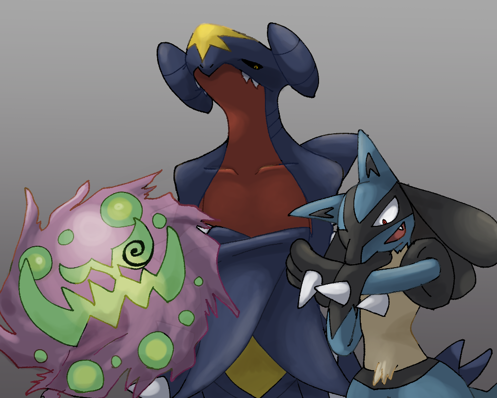 @_@ animal_focus black_sclera closed_mouth colored_sclera commentary_request crossed_arms fang garchomp gradient_background grey_background lucario no_humans open_mouth pokemon pokemon_(creature) punopo-32 red_eyes slit_pupils spiritomb teeth upper_teeth_only yellow_eyes