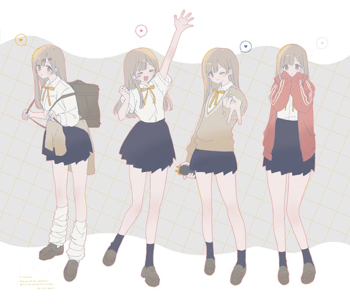 1girl :d ;) ankle_socks backpack bag blonde_hair border brown_footwear brown_sweater character_request clone closed_eyes collared_shirt commentary_request commission copyright_request expressionless full_body grid grid_background hands_on_own_cheeks hands_on_own_face heart holding holding_strap jacket jpeg_artifacts leaning_forward leg_warmers long_hair long_sleeves multiple_views neck_ribbon one_eye_closed open_mouth orange_jacket outside_border outstretched_arm pastel_colors pleated_skirt purple_skirt purple_socks ribbon shirt shoes short_sleeves skeb_commission skirt sleeves_past_wrists smile socks spoken_heart sweater unfinished v waving white_border white_leg_warmers white_shirt yellow_ribbon youichi_(45_01)