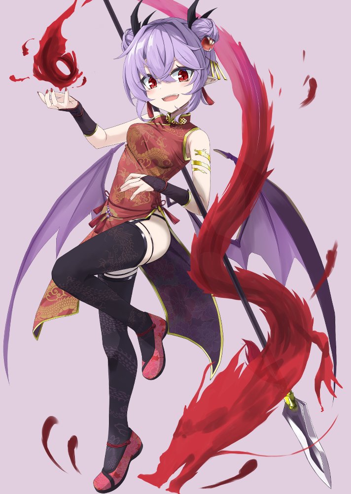 akisome_hatsuka alternate_costume bat_wings china_dress chinese_clothes dragon dress fang pelvic_curtain pointy_ears purple_hair red_eyes red_footwear remilia_scarlet short_hair smile spear_the_gungnir thigh-highs touhou wings wrist_cuffs