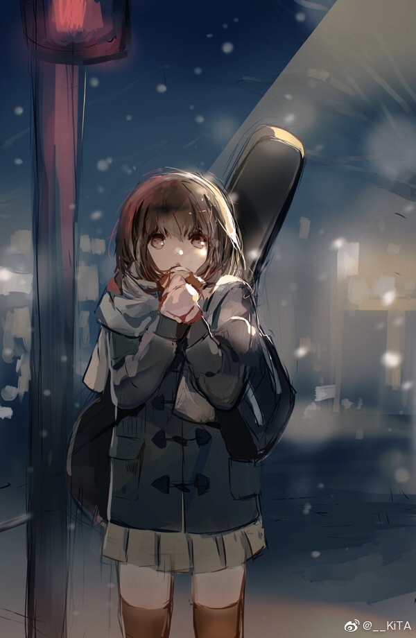 1girl blue_coat blue_scarf blue_sleeves blurry blurry_background brown_eyes brown_hair brown_thighhighs chinese_commentary cityscape coat commentary_request cowboy_shot green_skirt interlocked_fingers kita_(kitairoha) lapels long_sleeves looking_ahead medium_hair miniskirt notched_lapels original outdoors own_hands_clasped own_hands_together parted_lips pleated_skirt pocket scarf skirt snowing solo thigh-highs traffic_light violin_case watermark weibo_logo weibo_username winter_clothes zettai_ryouiki
