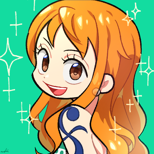 1girl a28841434 arm_tattoo bikini bikini_top_only brown_eyes chibi close-up commentary earrings green_background jewelry long_hair lowres nami_(one_piece) one_piece orange_hair sidelocks smile solo star_(symbol) swimsuit tattoo