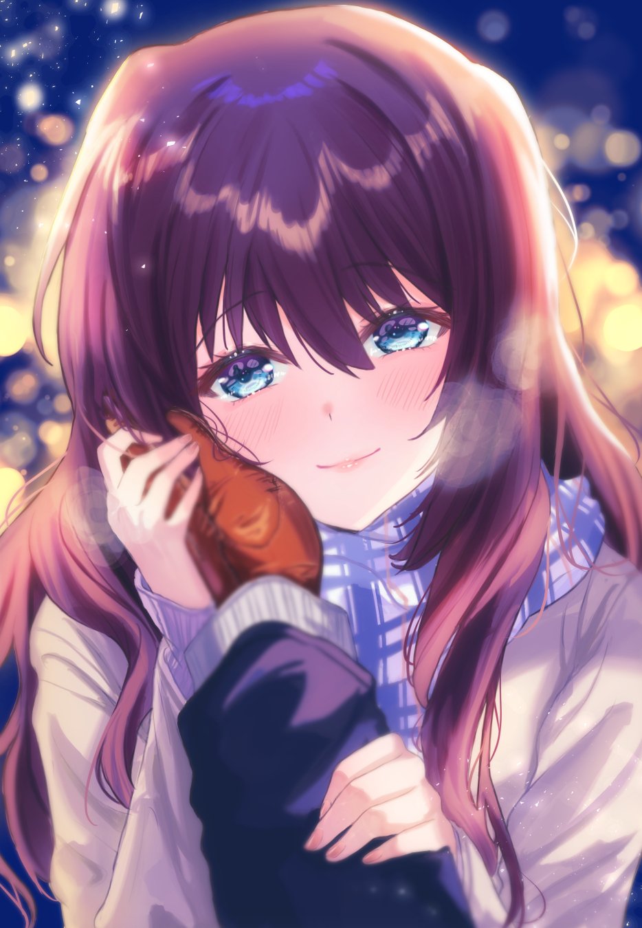 1boy 1girl a-chan_senpai alternate_costume backlighting blue_eyes blurry blush breath brown_coat brown_hair brown_mittens closed_mouth coat commentary depth_of_field eyelashes fingernails grabbing_another's_arm hair_between_eyes hand_on_another's_cheek hand_on_another's_face happy hetero highres holding_hands light_particles lips little_busters! long_hair long_sleeves looking_at_viewer miiizuno_lbs mittens natsume_kyousuke night outdoors plaid plaid_scarf pov pov_hands scarf sidelocks smile solo_focus straight-on upper_body very_long_hair winter winter_clothes