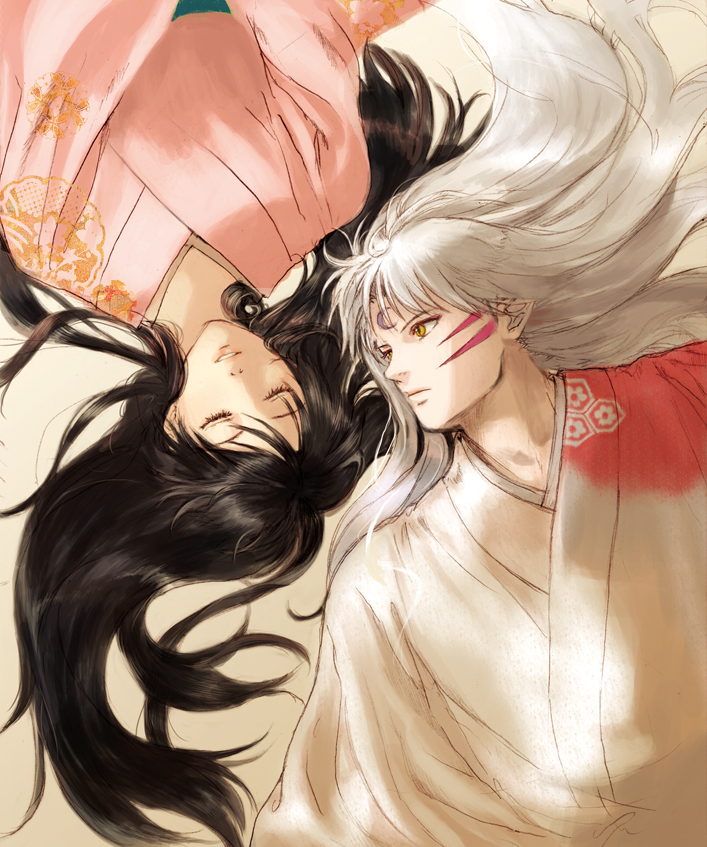 1boy 1girl aged_up black_hair closed_eyes closed_mouth crescent crescent_facial_mark eyelashes facial_mark facing_viewer forehead_mark inuyasha japanese_clothes kimono long_hair looking_to_the_side lying niko_(silent.whitesnow) on_back parted_lips pink_kimono pointy_ears rin_(inuyasha) rotational_symmetry sesshoumaru smile upper_body upside-down white_hair white_kimono