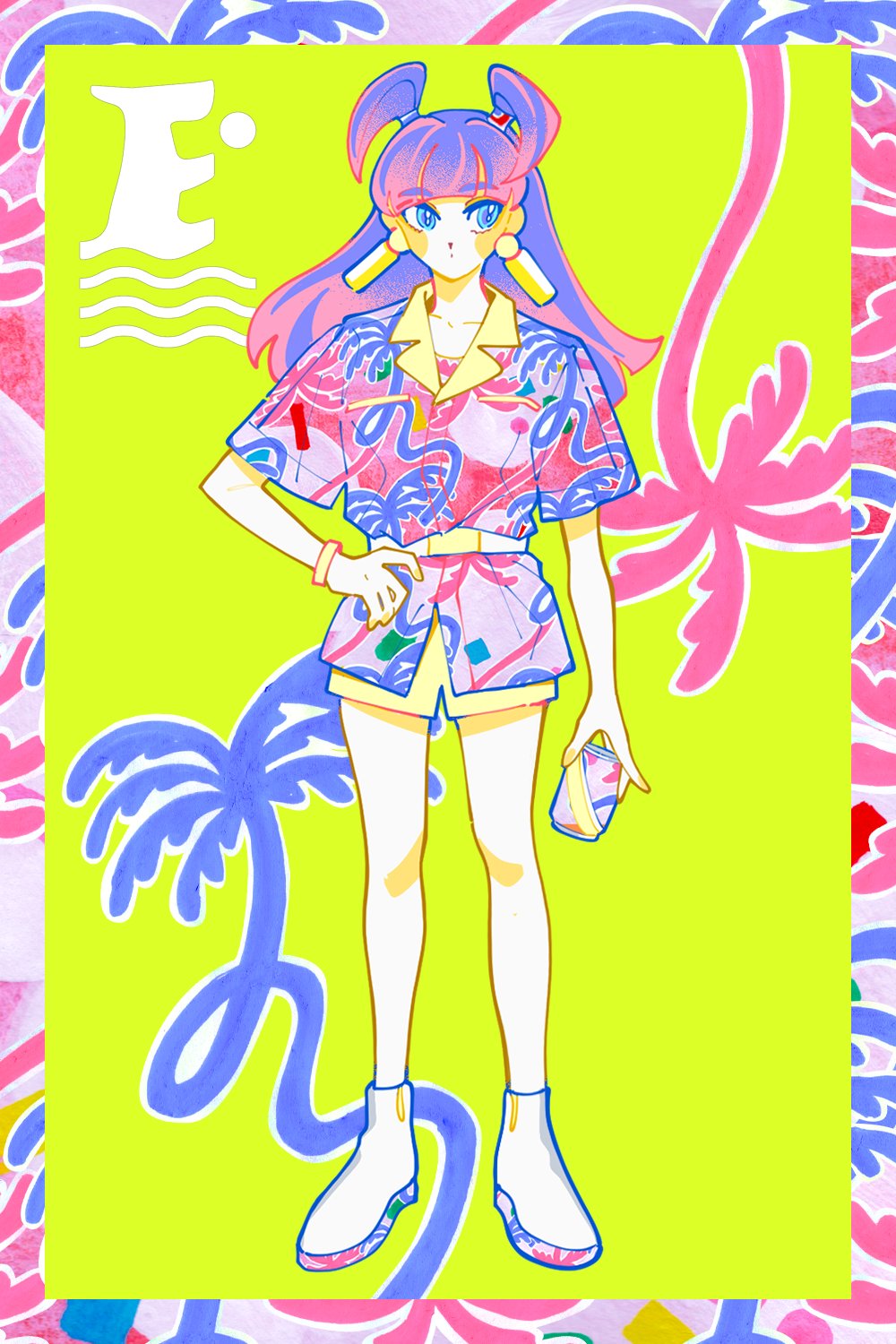 1990s_(style) 1girl ankle_boots arm_at_side belt blue_eyes blush_stickers boots border can collared_shirt colorful commentary dot_mouth drink drink_can earrings english_commentary expressionless full_body hand_on_own_hip hawaiian_shirt high_belt highres holding holding_can holding_drink inuha_dog_wave jewelry long_hair looking_to_the_side multicolored_hair original pink_hair pink_shirt print_shirt purple_hair retro_artstyle shirt short_sleeves shorts sketch solo standing two-tone_hair white_belt white_footwear wristband yellow_shorts