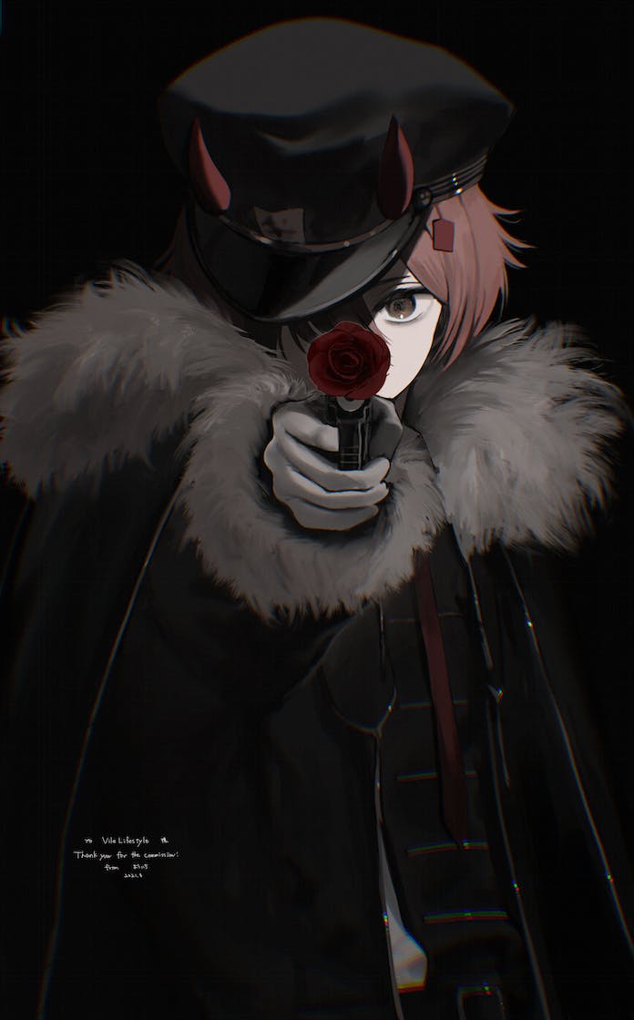 1boy black_background black_coat black_headwear brown_eyes brown_hair chromatic_aberration coat commentary commission covered_mouth dark english_commentary flower flower_in_gun fur-trimmed_coat fur-trimmed_sleeves fur_trim gloves grey_gloves gun hair_between_eyes hair_over_one_eye handgun hat holding holding_gun holding_weapon horns horns_through_headwear jpeg_artifacts long_sleeves looking_at_viewer male_focus military_hat one_eye_covered orange_horns original outstretched_arm pointing pointing_at_viewer red_flower red_rose rose serious short_hair skeb_commission solo standing thank_you upper_body weapon youichi_(45_01)