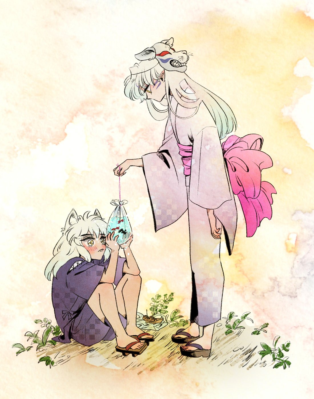 2boys aged_down animal_ears bag bagged_fish blush brothers cayu child crossdressing dog_ears dog_mask facial_mark faux_traditional_media fish food from_side frown full_body geta giving grass hands_up highres holding inuyasha inuyasha_(character) japanese_clothes kimono knees_up long_hair long_sleeves looking_at_animal looking_at_another looking_down male_focus mask mask_on_head multiple_boys obi okobo on_ground pointy_ears profile sandals sash sesshoumaru short_sleeves shorts siblings sitting standing takoyaki white_hair wide_sleeves yellow_eyes yukata