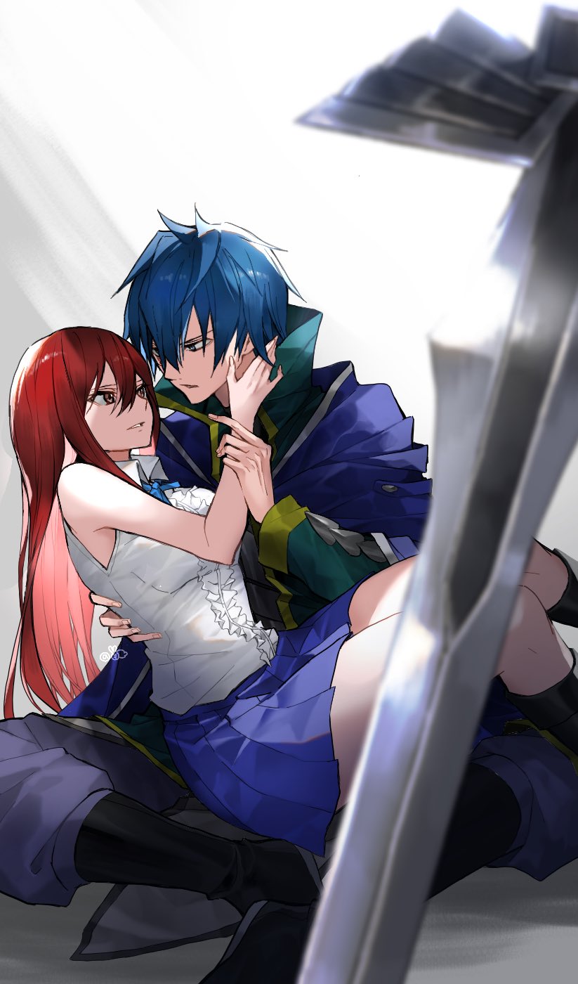 black_footwear blue_cape blue_eyes blue_hair blue_skirt bow bowtie cape collared_jacket couple erza_scarlet eye_contact facing_another fairy_tail frilled_shirt frills hair_between_eyes hand_on_another's_face hetero high_collar highres jacket jellal_fernandes long_hair long_sleeves looking_at_another parted_lips red_eyes redhead shirt short_hair sidelocks sitting sitting_on_lap sitting_on_person skirt sleeveless spiky_hair sword weapon white_shirt yae_chitokiya