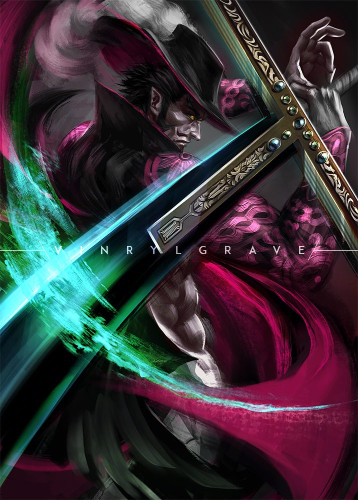1boy artist_name beard black_hair closed_mouth commentary dracule_mihawk english_commentary facial_hair hat hat_feather holding holding_sword holding_weapon male_focus mustache one_piece short_hair sideburns solo sword vinrylgrave weapon yellow_eyes