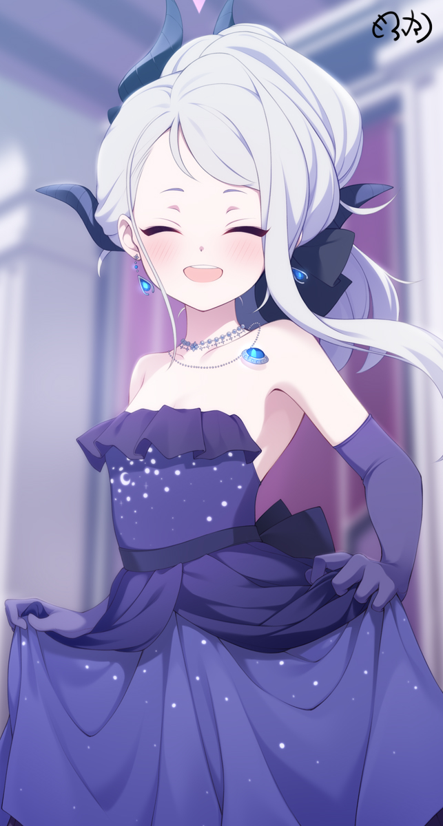 1girl :d ^_^ bare_shoulders bead_necklace beads black_horns blue_archive blue_dress blue_gloves blurry blurry_background blush closed_eyes dress elbow_gloves gloves highres hina_(blue_archive) hina_(dress)_(blue_archive) horns indoors jewelry medium_hair mofu_namako necklace official_alternate_costume open_mouth round_teeth smile solo teeth upper_teeth_only white_hair