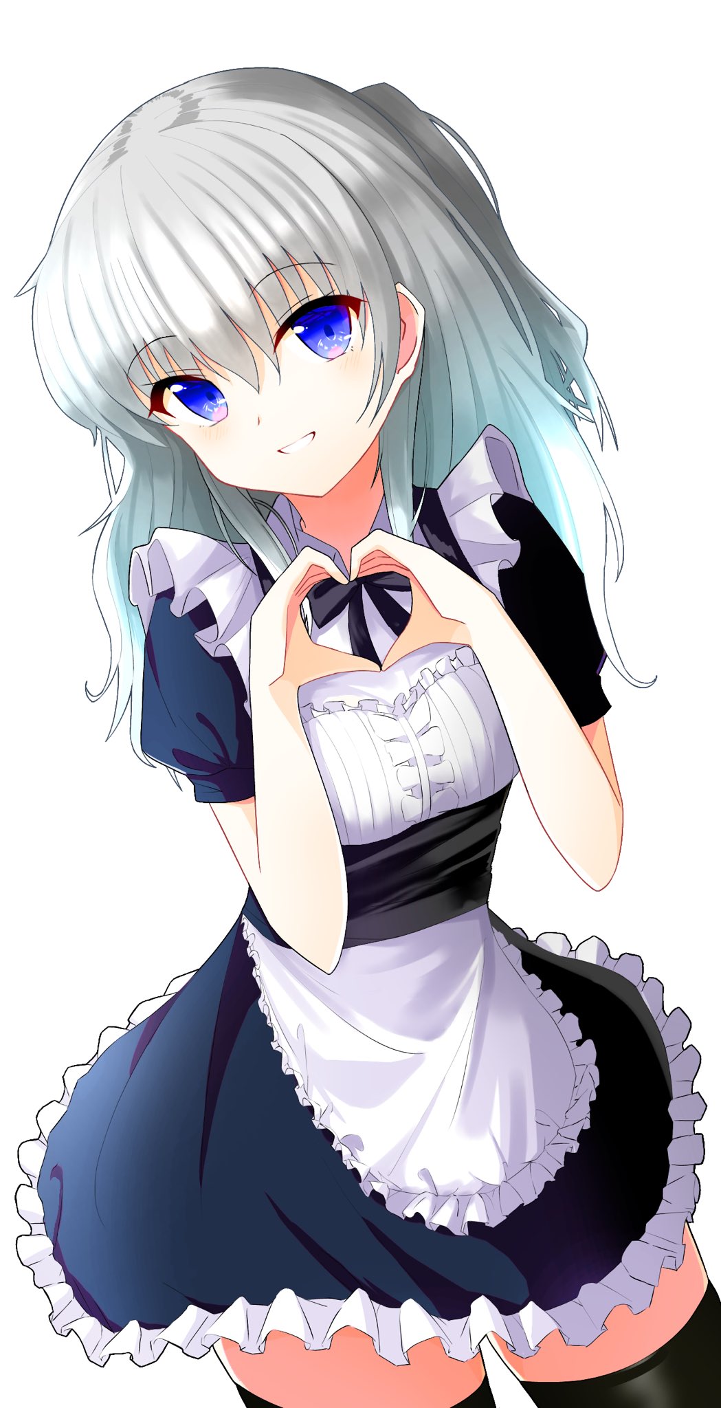 1girl alternate_costume apron black_shirt black_skirt black_thighhighs blue_eyes charlotte_(anime) commentary commission cowboy_shot enmaided eyes_visible_through_hair frilled_apron frills grey_hair grin hair_between_eyes hands_up heart heart_hands highres light_blush long_hair looking_at_viewer maid maid_apron puffy_short_sleeves puffy_sleeves shirt short_sleeves sidelighting sidelocks simple_background skirt smile solo thigh-highs tomori_nao white_apron white_background yoanium zettai_ryouiki