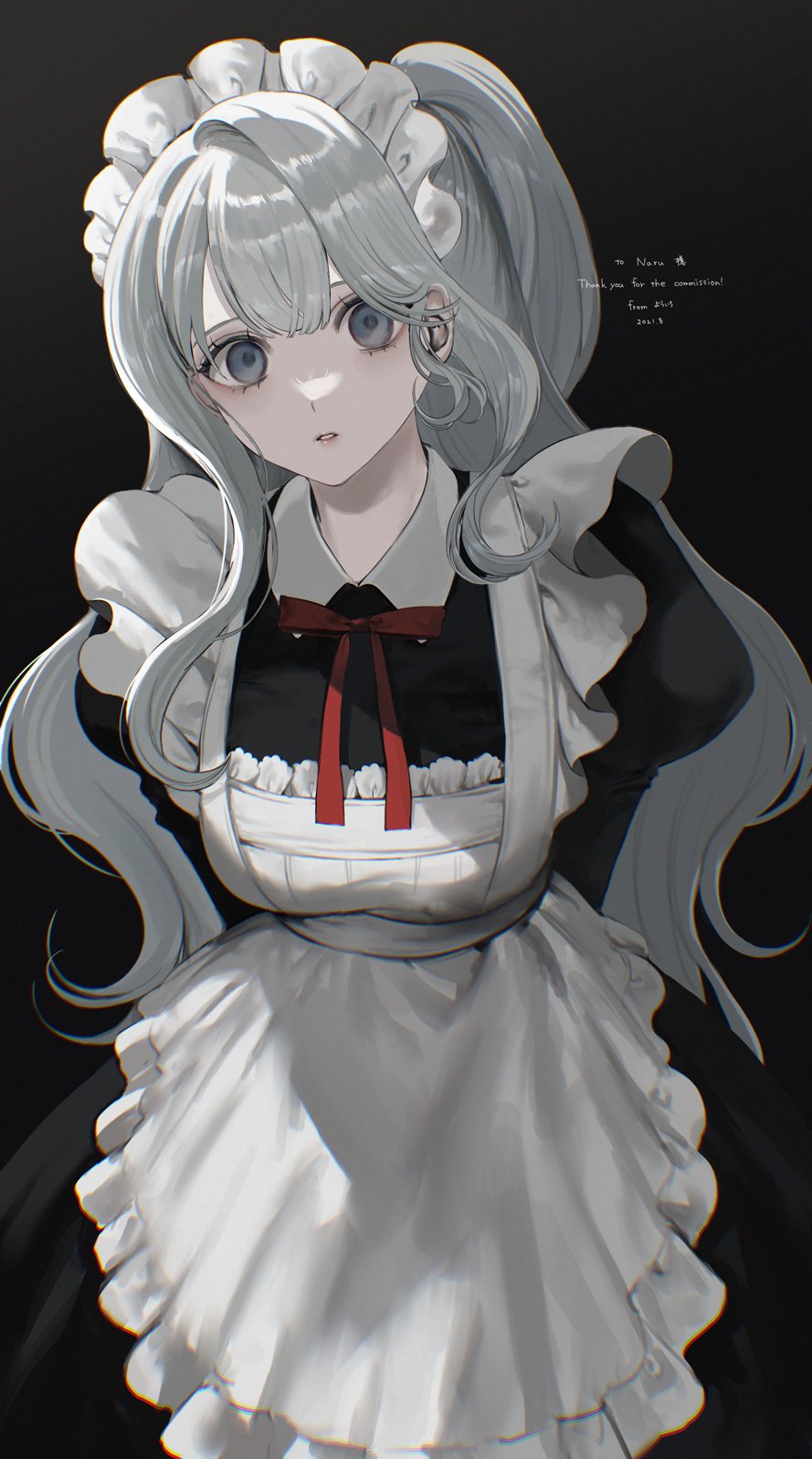 1girl apron black_dress breasts chromatic_aberration collared_dress commentary commission constricted_pupils cowboy_shot dark_background dress english_commentary frilled_apron frills grey_eyes grey_hair highres leaning_forward long_hair long_sleeves looking_at_viewer maid maid_apron maid_headdress neck_ribbon original parted_lips red_ribbon ribbon second-party_source skeb_commission solo standing thank_you white_apron yandere youichi_(45_01)
