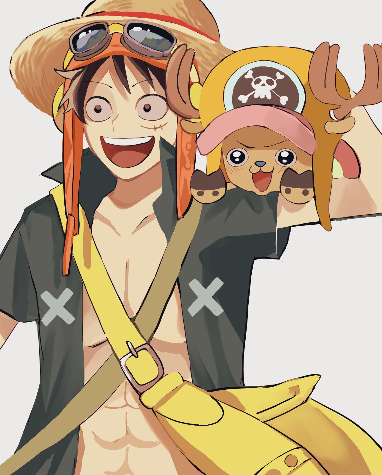 2boys antlers bag black_hair black_shirt blush carrying commentary_request goggles hat highres horns looking_to_the_side male_focus monkey_d._luffy multiple_boys one_piece one_piece:_strong_world op_1156 reindeer_antlers scar scar_on_face shirt short_hair simple_background straw_hat tony_tony_chopper white_background