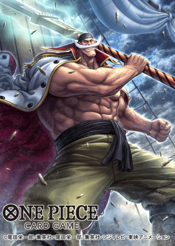 1boy abs bandana bare_arms black_bandana clenched_hand clenched_teeth coat coat_on_shoulders commentary_request edward_newgate english_text epaulettes facial_hair holding holding_polearm holding_weapon male_focus muscular muscular_male official_art one_piece open_clothes outdoors polearm smile solo tatsuya_(atelier_road) teeth translation_request weapon