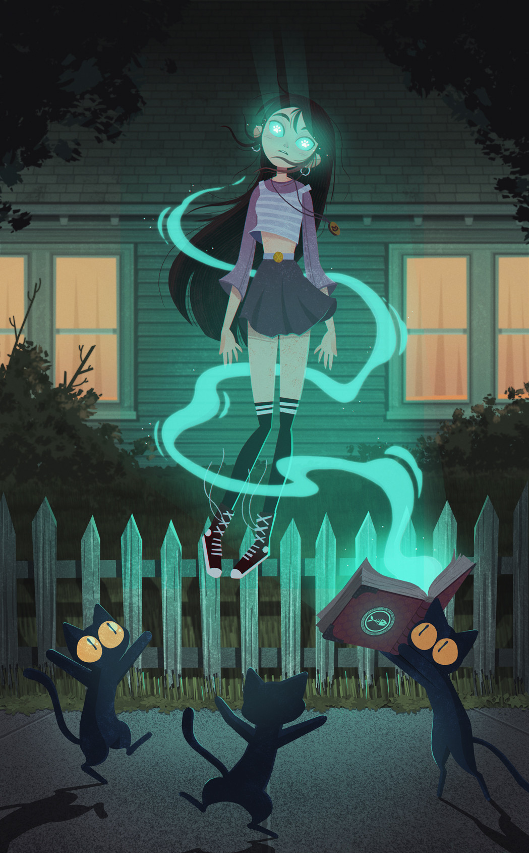 1960s_(style) animal bewitched black_cat book brown_hair cartoonized cat colored_sclera commentary earrings english_commentary familiar fantasy fence floating glowing glowing_eyes green_sclera hakurei_frontier_spell_strive highres holding holding_book house jewelry kneehighs long_hair magic magic_school_uniform night outdoors retro_artstyle ritual school_uniform shadow sidewalk skirt socks symbol-shaped_pupils teo_skaffa toon_(style) trimmed_tail umamusume urban_fantasy window wooden_fence yellow_sclera |_|