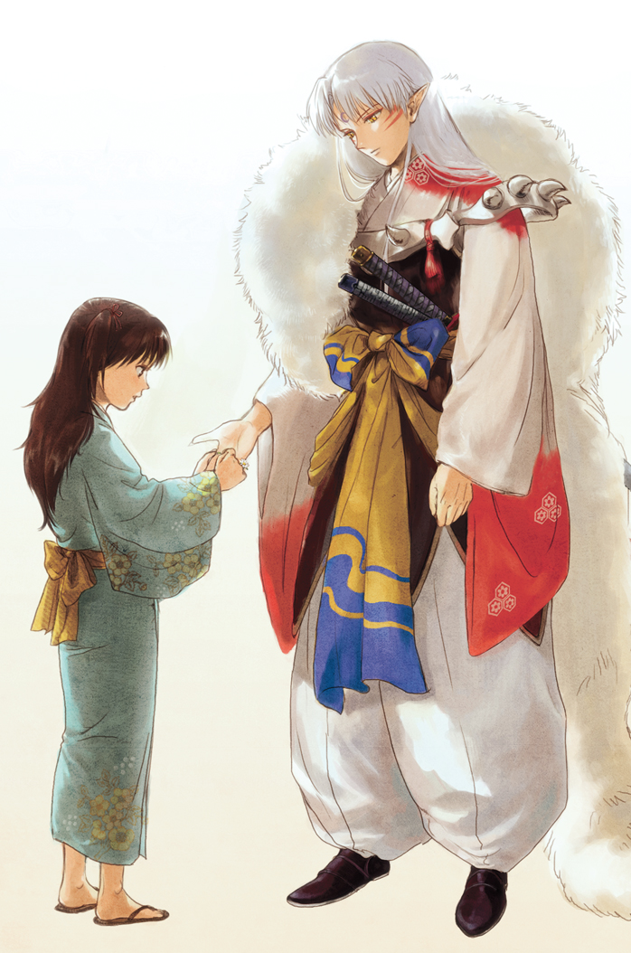 1boy 1girl age_difference armor black_footwear black_hair child crescent crescent_facial_mark facial_mark floral_print forehead_mark full_body grey_hair height_difference holding holding_hands holding_sword holding_weapon inuyasha japanese_clothes kimono long_sleeves looking_at_another looking_down niko_(silent.whitesnow) one_side_up pants print_kimono profile puffy_pants rin_(inuyasha) sandals sash sesshoumaru shoes simple_background sword tail tassel weapon white_background white_pants wide_sleeves yukata zouri